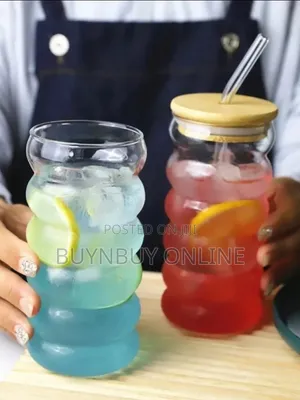 450ml Ribbed Glass Cup with Straw and Lid