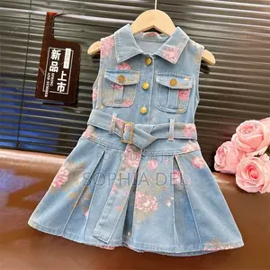 Girls' Floral Denim Dress with Belt | Sizes 110-140