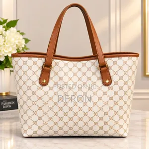 Elegant Ladies Designer Tote Bag with Matching Clutch - Brown Cream