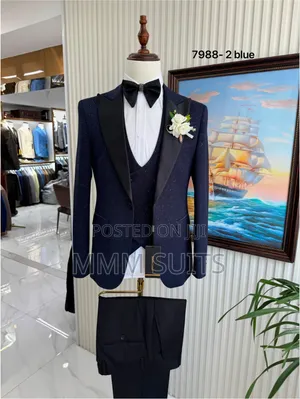 Classic Men's 3-Piece Tuxedo Suit with Crystals - Blue-Black