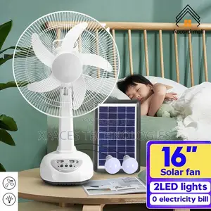 Portable Solar Rechargeable Table Fan with 2 LED Bulbs, 16-inch
