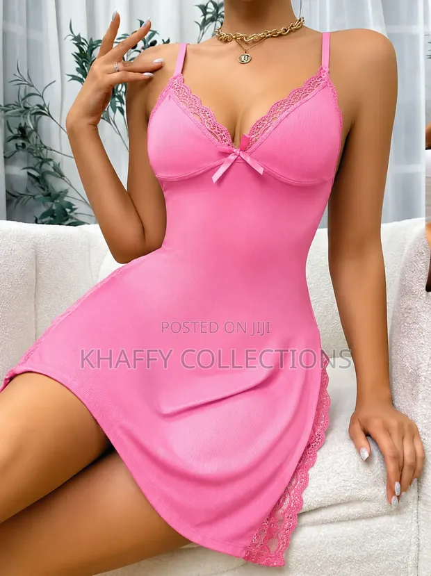 Pink Lace Trim Slip Dress - Loungewear / Nightdress - 1
