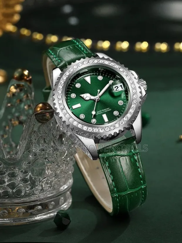 Green Dial Quartz Wristwatch with Crystal Bezel - 1