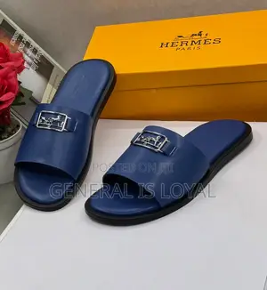 Hermes Blue Leather Men's Slippers