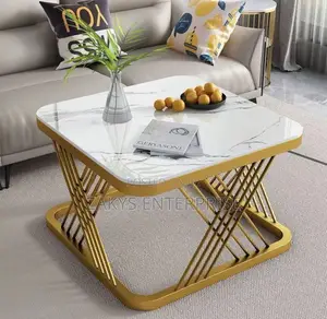 Luxury Marble Top Coffee Table with Gold Geometric Base