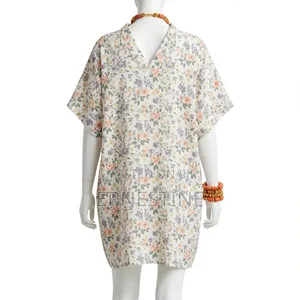 Short Kimono Bubu Dress - V-Neck Floral Cotton
