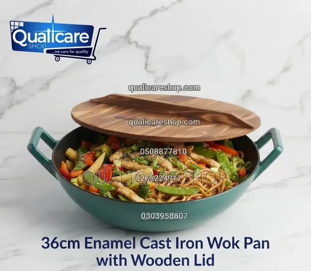 36cm Enamel Cast Iron Wok Pan with Wooden Lid - 1