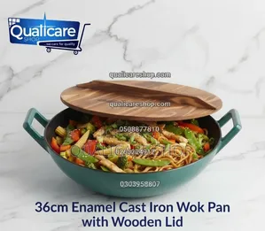 36cm Enamel Cast Iron Wok Pan with Wooden Lid