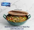 36cm Enamel Cast Iron Wok Pan with Wooden Lid - 1