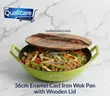 36cm Enamel Cast Iron Wok Pan with Wooden Lid - 2