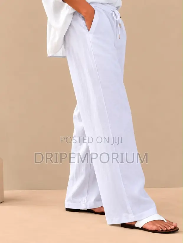 Premium Light Grey Linen Drawstring Trousers - 1