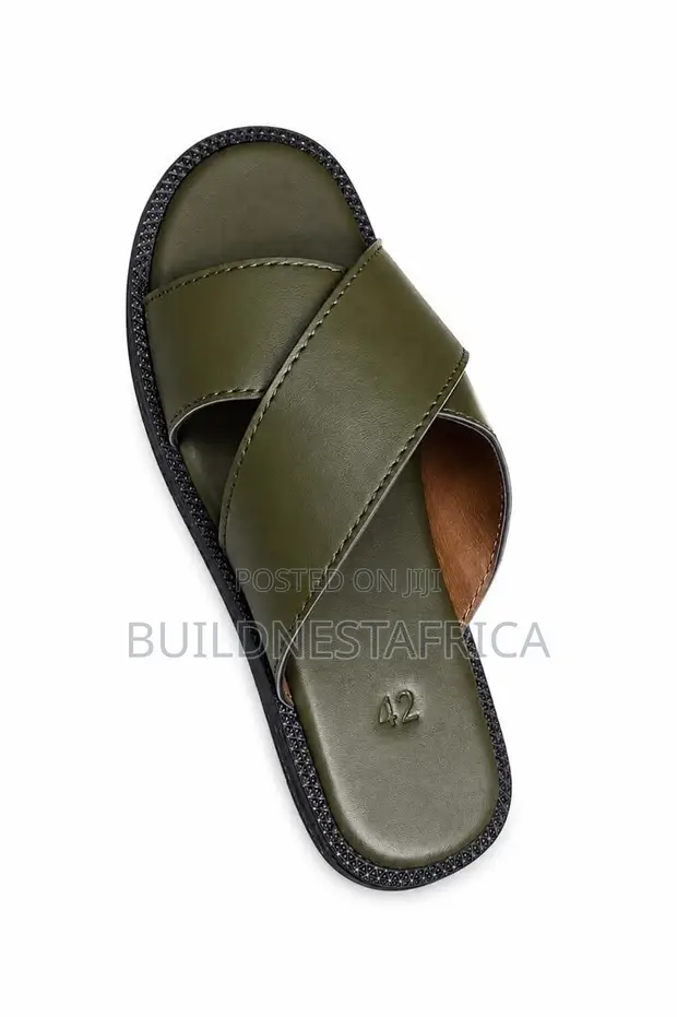 DMD Men's Casual Leather Slides - Olive Green - 1