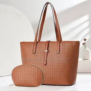 Woven Pattern Leather Tote Bag Set - 2-in-1 Women's Work Handbag