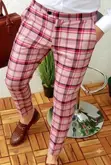 Men's Stylish Pink Plaid Slim-Fit Trousers - 2