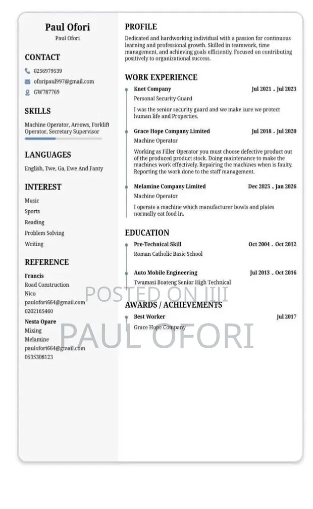 Manufacturing CV - Machine Operator & Security Guard - 1