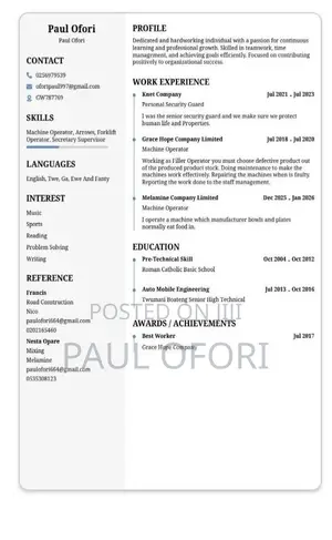 Manufacturing CV - Machine Operator & Security Guard