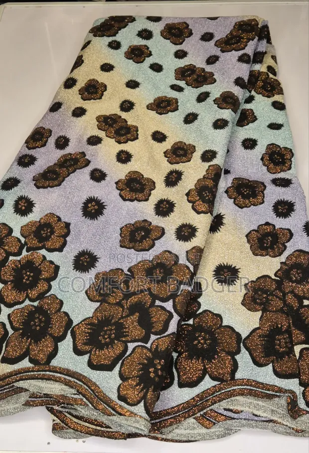 Metallic Glitter Ombre Lace Fabric with Floral Embellishments - 1