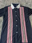 Men's Black Vintage Bowling Shirt - Pink & Stripe Panels - 1