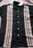 Men's Black Vintage Bowling Shirt - Pink & Stripe Panels - 2