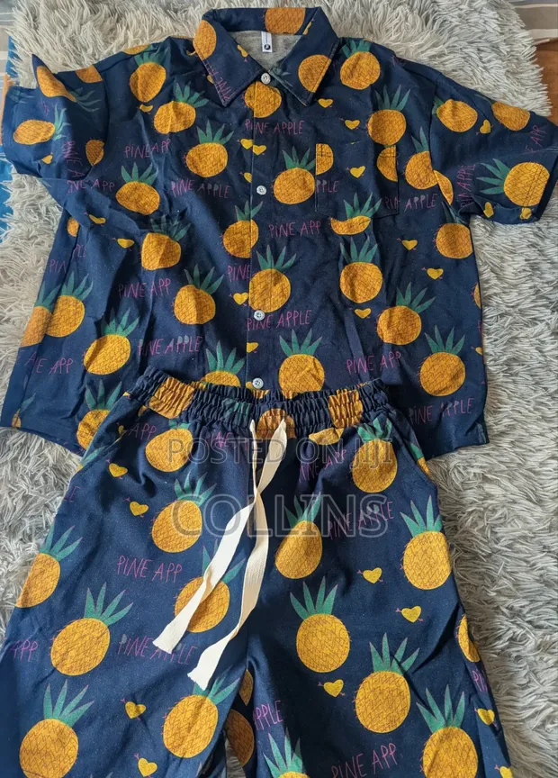 Men's Pineapple Print Navy Blue 2-Piece Short Set - 1