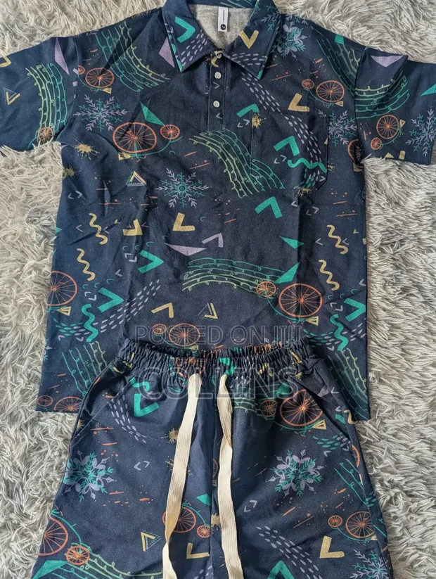 Men's Retro Geometric Print Short Set - Navy Blue - 1