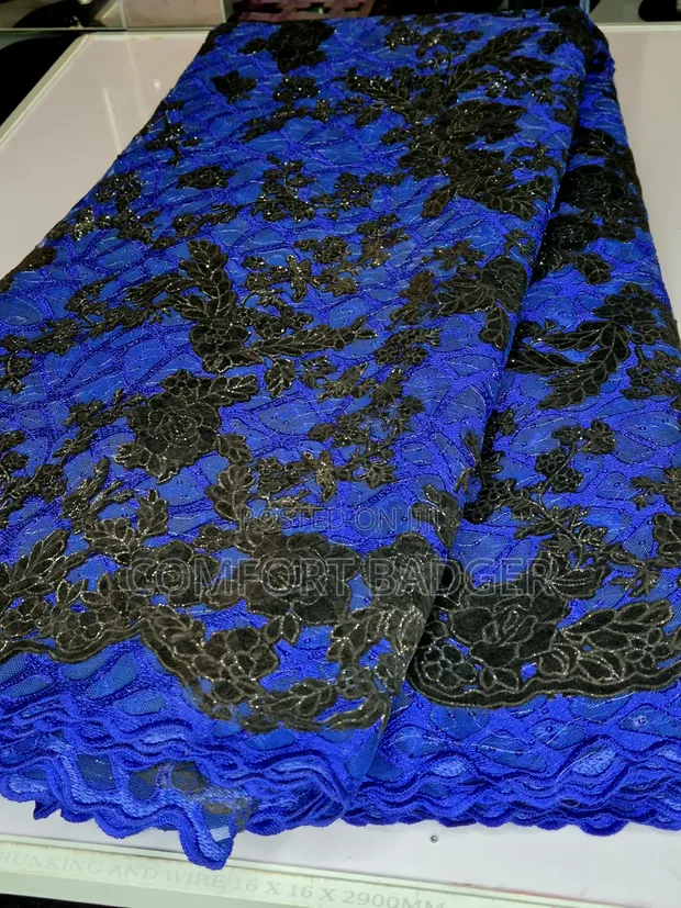 Royal Blue Lace Fabric with Floral Velvet Embellishments and Sequins - 1