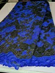 Royal Blue Lace Fabric with Floral Velvet Embellishments and Sequins - 1