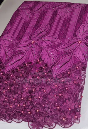 Classy Magenta Lace Fabric with Rhinestones and Beads