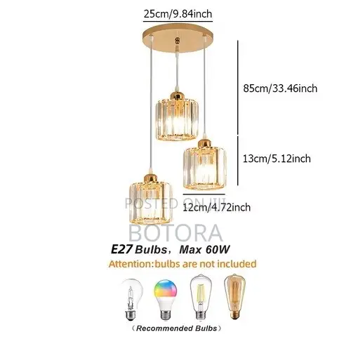 Modern 3-Light Crystal Pendant Light - Gold E27 Chandelier - 1