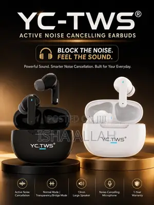 YC-TWS ANC Wireless Earbuds - Black & White