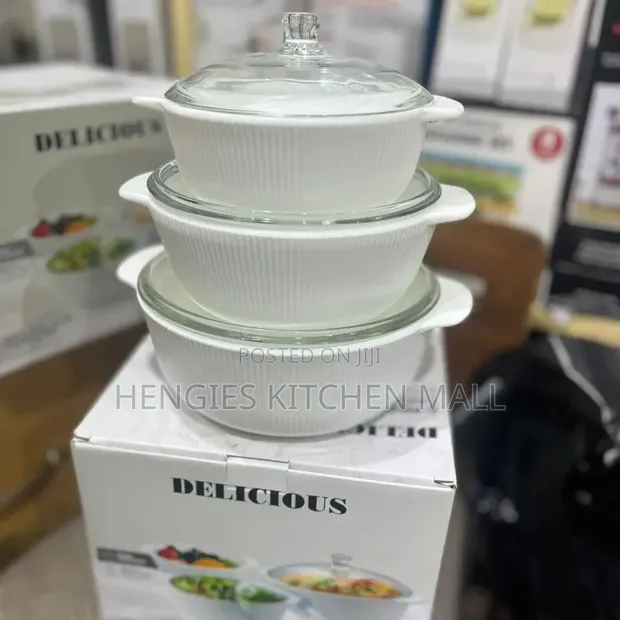 3-Set Ceramic Serving Bowls with Glass Lids - 1