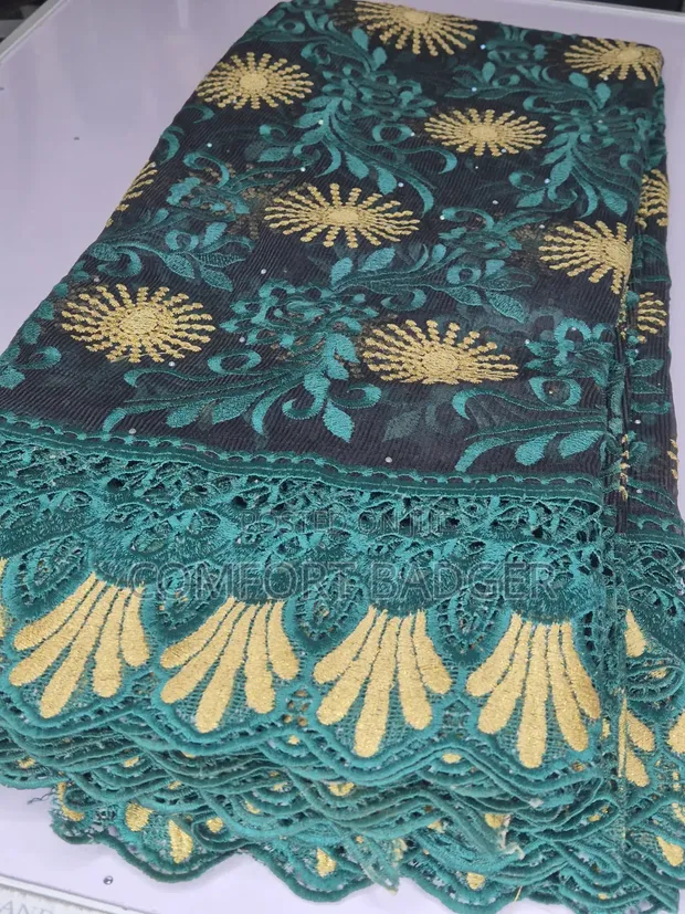 Black Mesh Lace with Teal Green & Gold Embroidery - 1