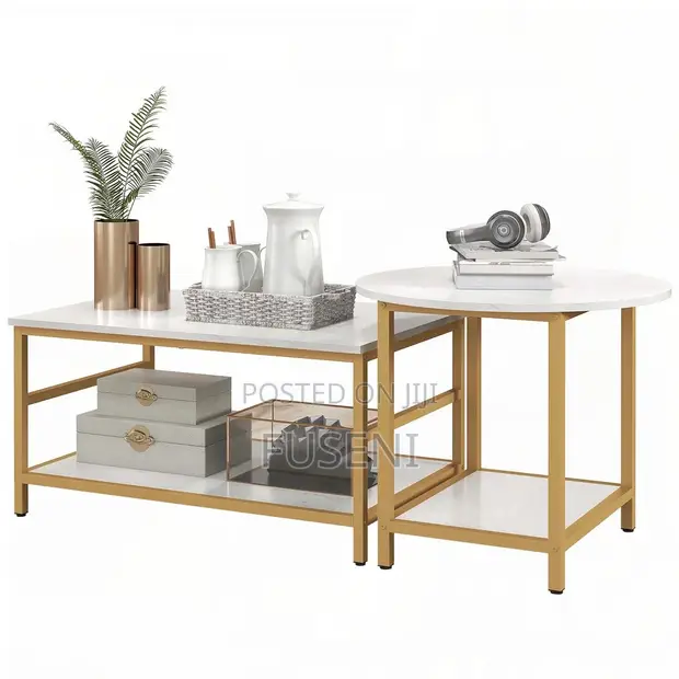 2-Tier Coffee Table Set - White & Gold - 1