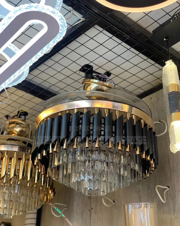 ESL Remote Control Chandelier Fan with LED Light - Black & Gold - 1