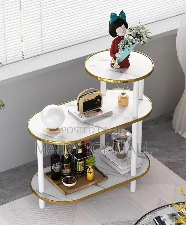 Bedside Table with Marble Pattern and Gold Trim - 1
