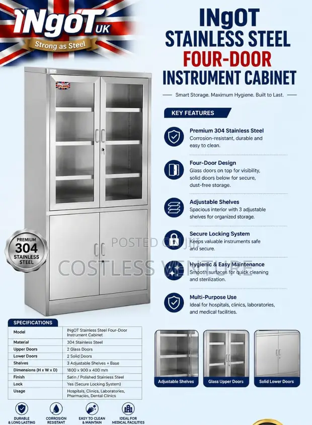 Ingot Stainless Steel 4-Door Instrument Cabinet - 1