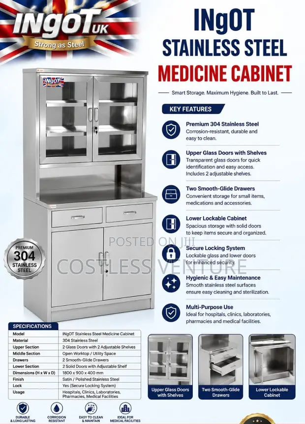 Ingot Stainless Steel Medicine Cabinet with 2 Glass Doors - 1
