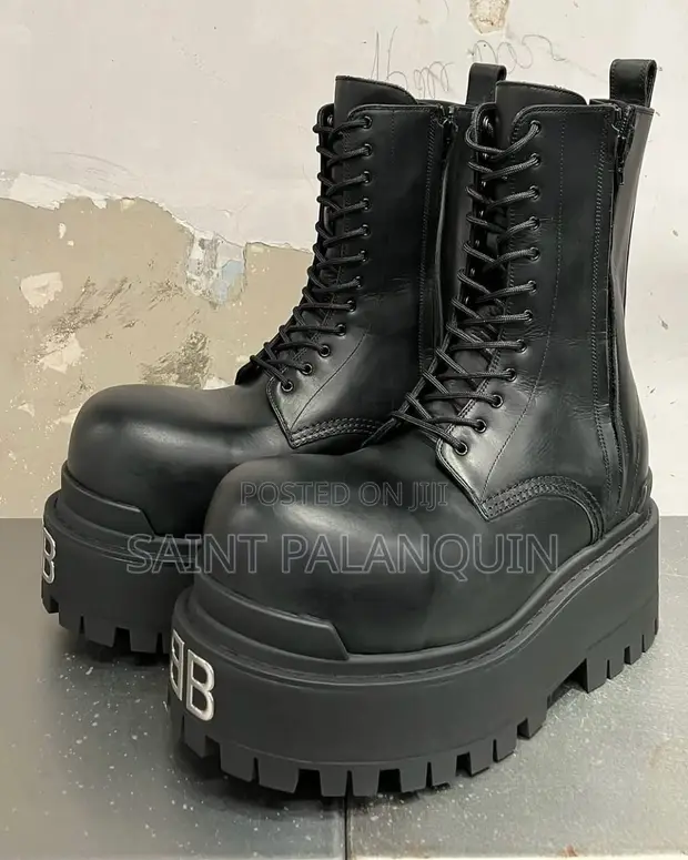 Balenciaga Tall Lace-Up Boots - Black Leather/Canvas - 1