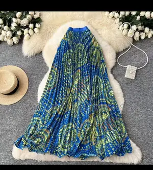 Women's Vintage Print Long Pleated High-Waisted Skirt