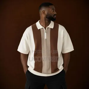 Short-Sleeved Vertical Colorblock Knit Quarter-Zip Polo Shirt