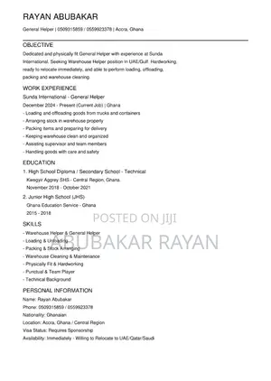 Hotel Room Attendant CV - Abubakar