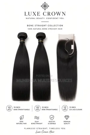 Natural Black Bone Straight Hair - 10" 2 Bundles + 12" 2x6 Closure