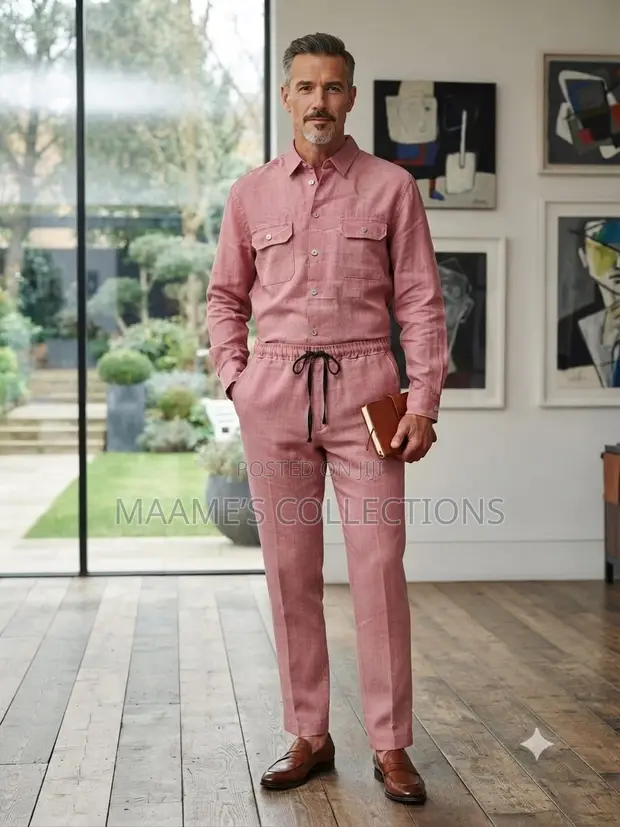 Men's Linen Long Sleeve Top and Trousers Co-Ord Set - 1
