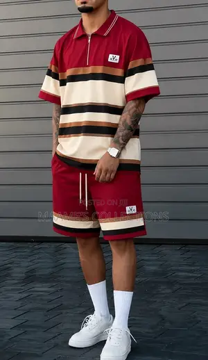 Men's Striped Short-Sleeve Polo Top and Down Shorts Set