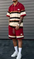 Men's Striped Short-Sleeve Polo Top and Down Shorts Set - 1