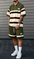 Men's Striped Short-Sleeve Polo Top and Down Shorts Set - 3