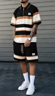 Men's Striped Short-Sleeve Polo Top and Down Shorts Set - 4