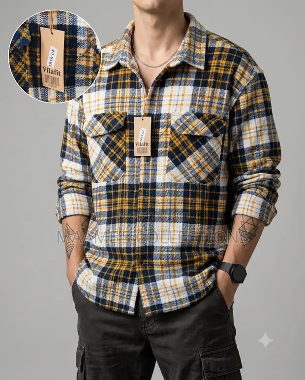 Men's Plaid Flannel Double-Pocket Long-Sleeve Shirt - 1