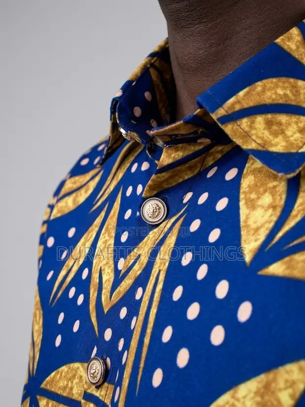 Men's Blue Gold African Print Short Sleeve Shirt - 1
