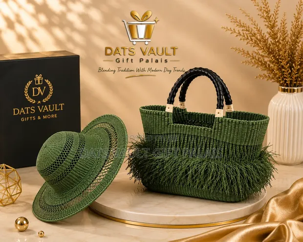 Elegant Woven Handbag & Matching Hat Set - Green - 1